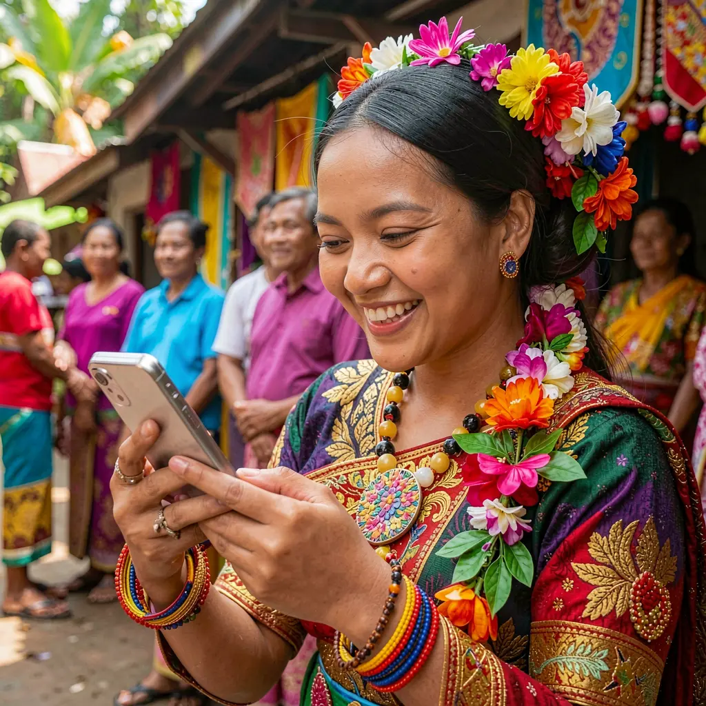 UC JILI App – A joyful mobile casino experience for players in the Philippines Happy Filipino woman in traditional dress enjoying the UC JILI casino app on her smartphone with vibrant cultural colors