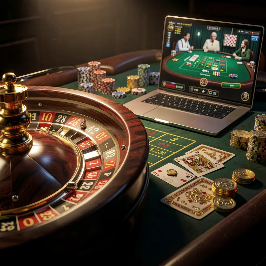 UC JILI – Experience thrilling live roulette action online in the Philippines Elegant online roulette scene with a spinning wheel, stacked casino chips, and a laptop displaying UC JILI live casino gameplay for players in the Philippines