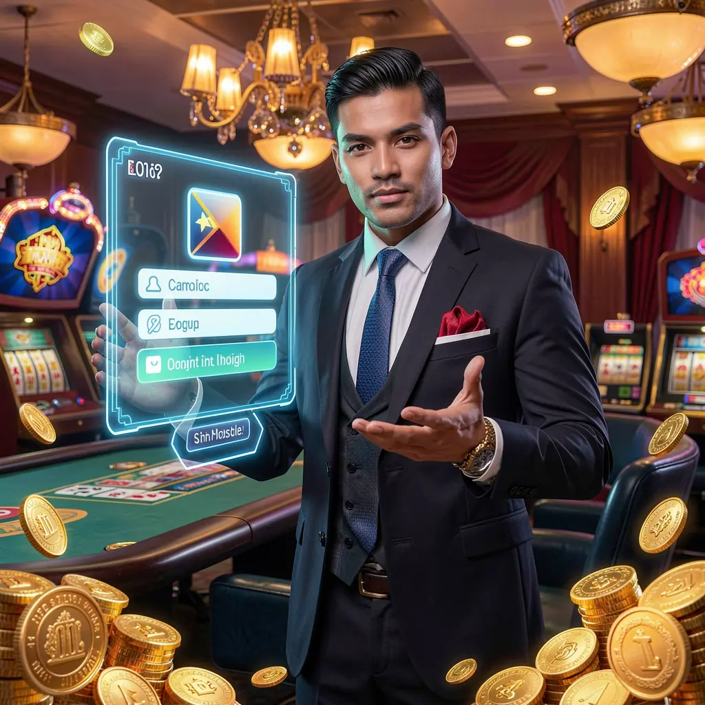 Stylish casino ambassador pointing forward with glowing coins around him and a login interface behind, representing premium access at UC JILI Philippines