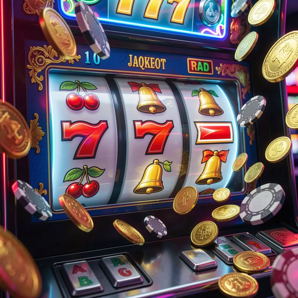 UC JILI – Experience thrilling slot wins and jackpot moments in the Philippines Bright slot machine reels showing lucky sevens cherries and bars with gold coins falling representing jackpot excitement at UC JILI online casino Philippines